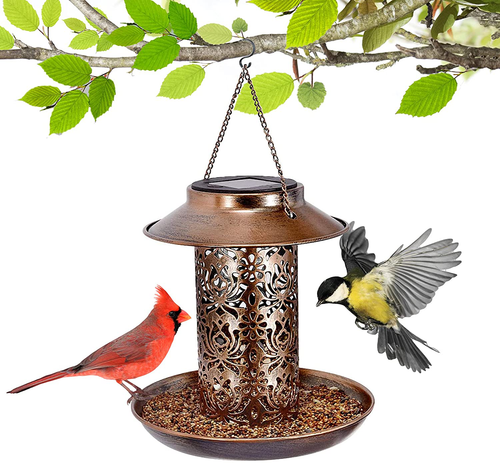 Metal Tube Panorama Top-Fill Wild Bird Feeder Solar Powered, Squirrel Proof, Hanging Bird Feeder Waterproof, Easy to Clean and Fill, Hummingbird Feeder for Outside, Yard Garden Decor