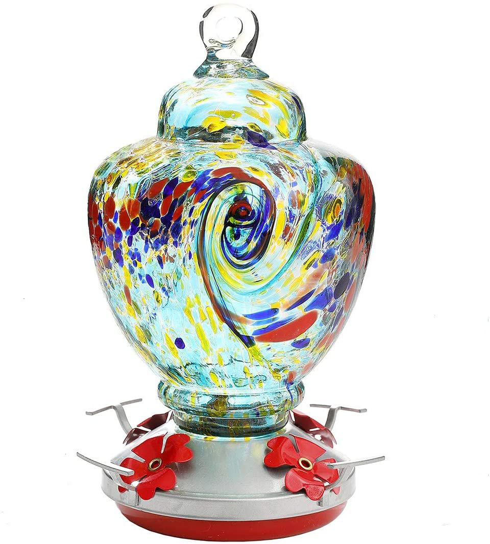 Hummingbird Feeder,Glass Bird Feeder with Color Hand Blown Glass,Leakproof 32 Ounces Nectar Capacity Hummingbird Feeders, Garden Bird Feeders Easy to Clean & Filling,Hanging Hook&Ant Moat