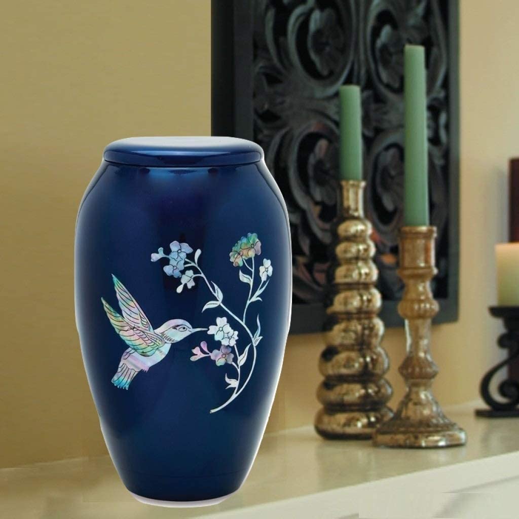 Blue Hummingbird Mother of Pearl Inlaid Metal Cremation Urn and Velvet Bag
