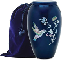 Load image into Gallery viewer, Blue Hummingbird Mother of Pearl Inlaid Metal Cremation Urn and Velvet Bag
